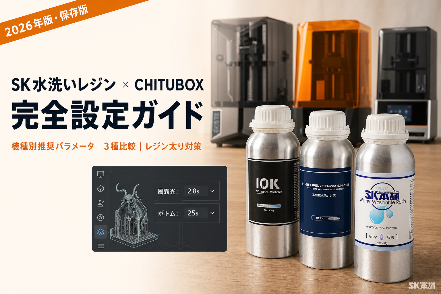 SK水洗いレジン × CHITUBOX 完全設定ガイド 2026｜機種別パラメータ