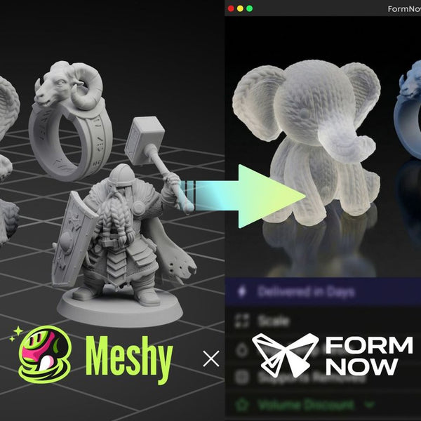 Meshy AIで生成された3DモデルがFormlabs Form Nowで実際の造形物として届くまでをワンビジュアルで示したパートナーシップ告知画像