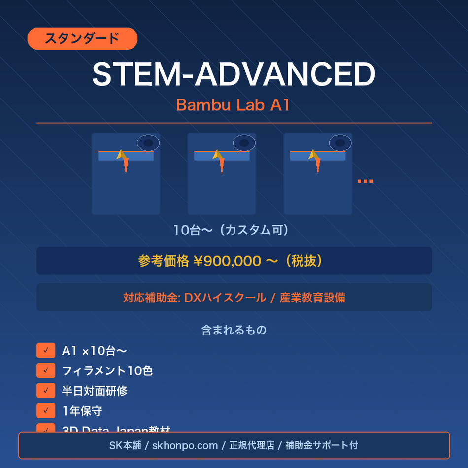 学校向け STEM導入パッケージ ADVANCED 構成例 Bambu Lab A1 DXハイスクール対応 SK本舗