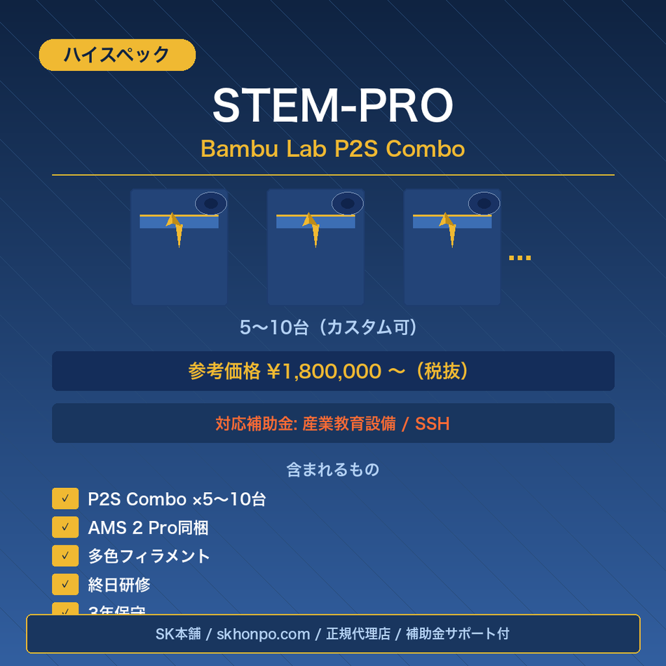 学校向け STEM導入パッケージ PRO 構成例 Bambu Lab P2S Combo 産業教育設備補助金対応 SK本舗