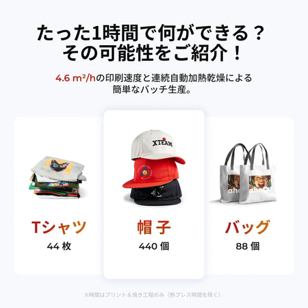 xTool Apparel Printer 1時間あたりの生産目安（Tシャツ44枚・帽子440個・バッグ88個）