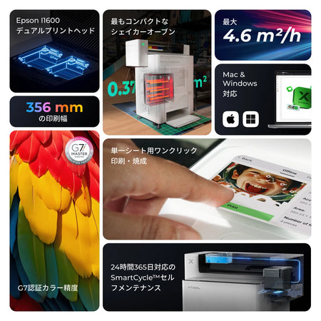 xTool Apparel Printer 主要スペック一覧（Epson I1600デュアルヘッド・356mm印刷幅・最大4.6m²/h・Mac&Windows対応・G7認証）