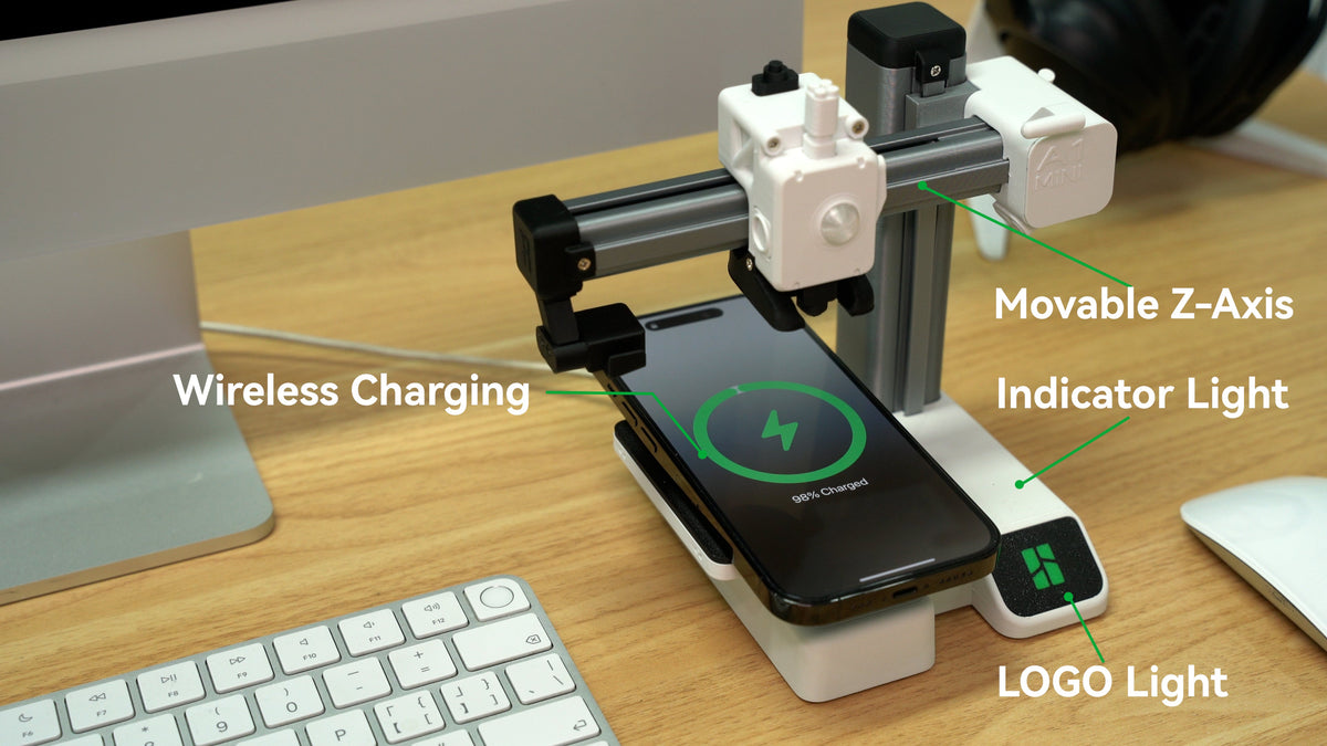 A1 mini Wireless Charger の各部（ワイヤレス充電・Z軸・インジケーター・ロゴランプ）