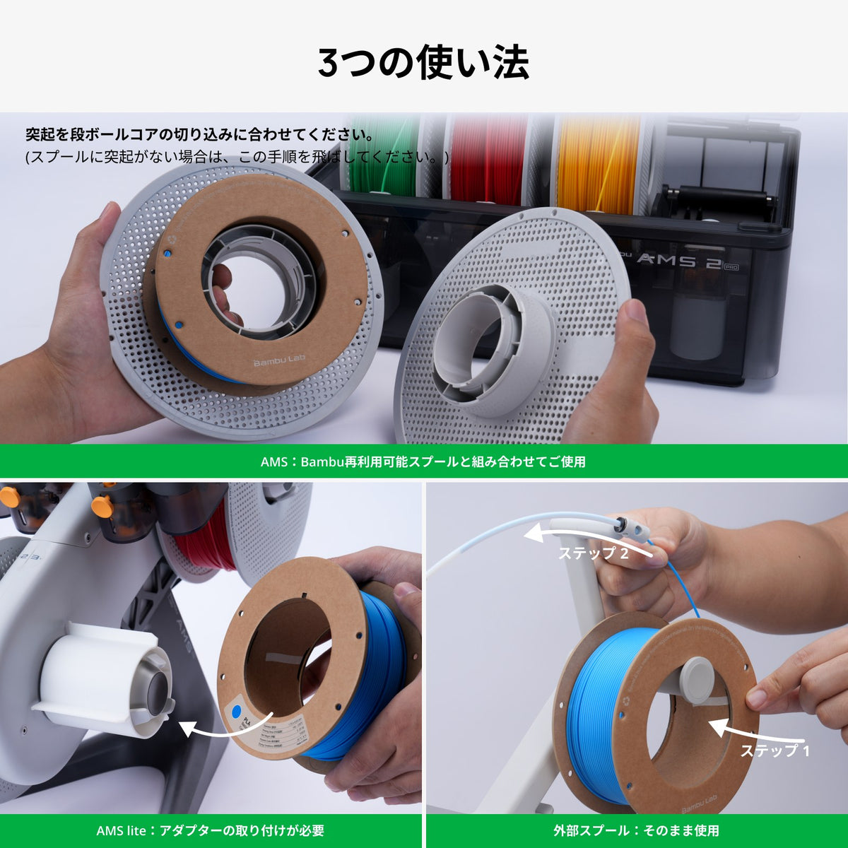 カラーお試しセットの3つの使い方（AMSは再利用可能スプールに巻き替え・AMS liteは専用アダプター・外部スプールはそのまま）