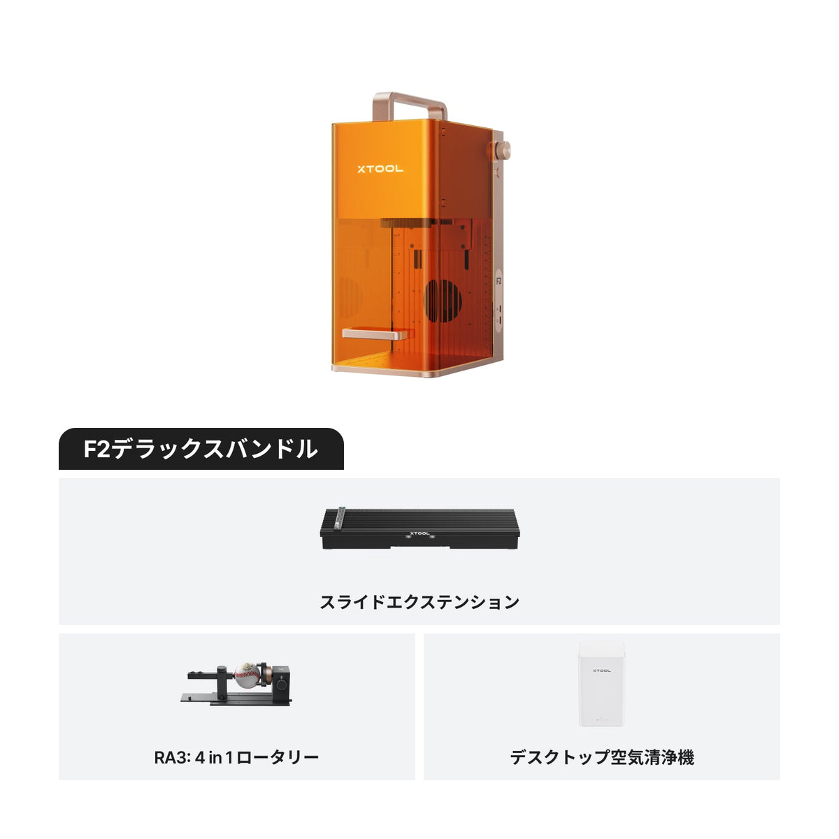 xTool F2 デラックスバンドルのセット構成（スライドエクステンション・RA3 4in1ロータリー・デスクトップ空気清浄機）