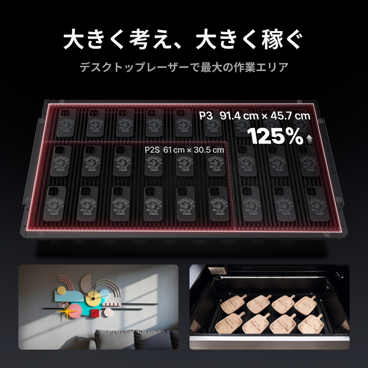 xTool P3 加工エリア91.4×45.7cm（P2S比125%拡大）の作業スペース比較