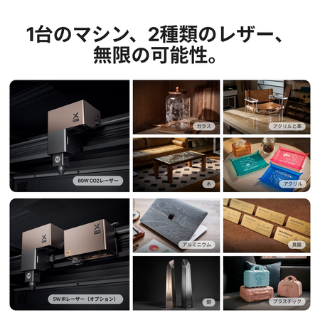 xTool P3 80W CO2+5W IRデュアルレーザーと対応素材（木・アクリル・ガラス・金属など）