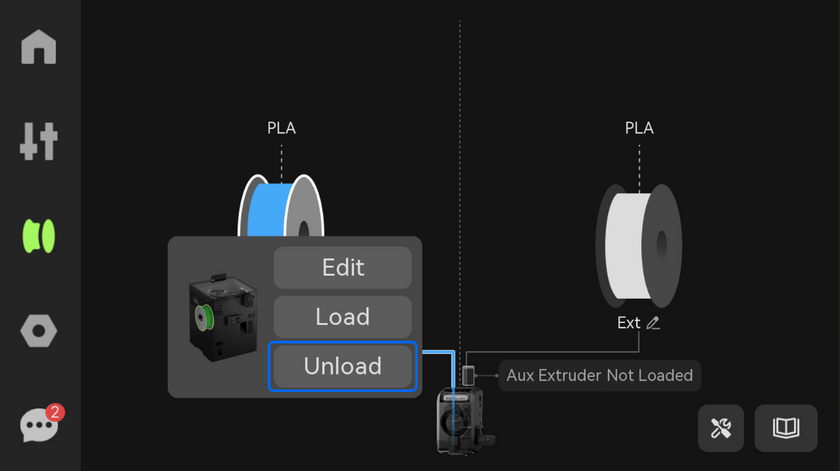 X2D の画面でアンロードを実行し、フィラメントが引き抜けるかで切り分ける