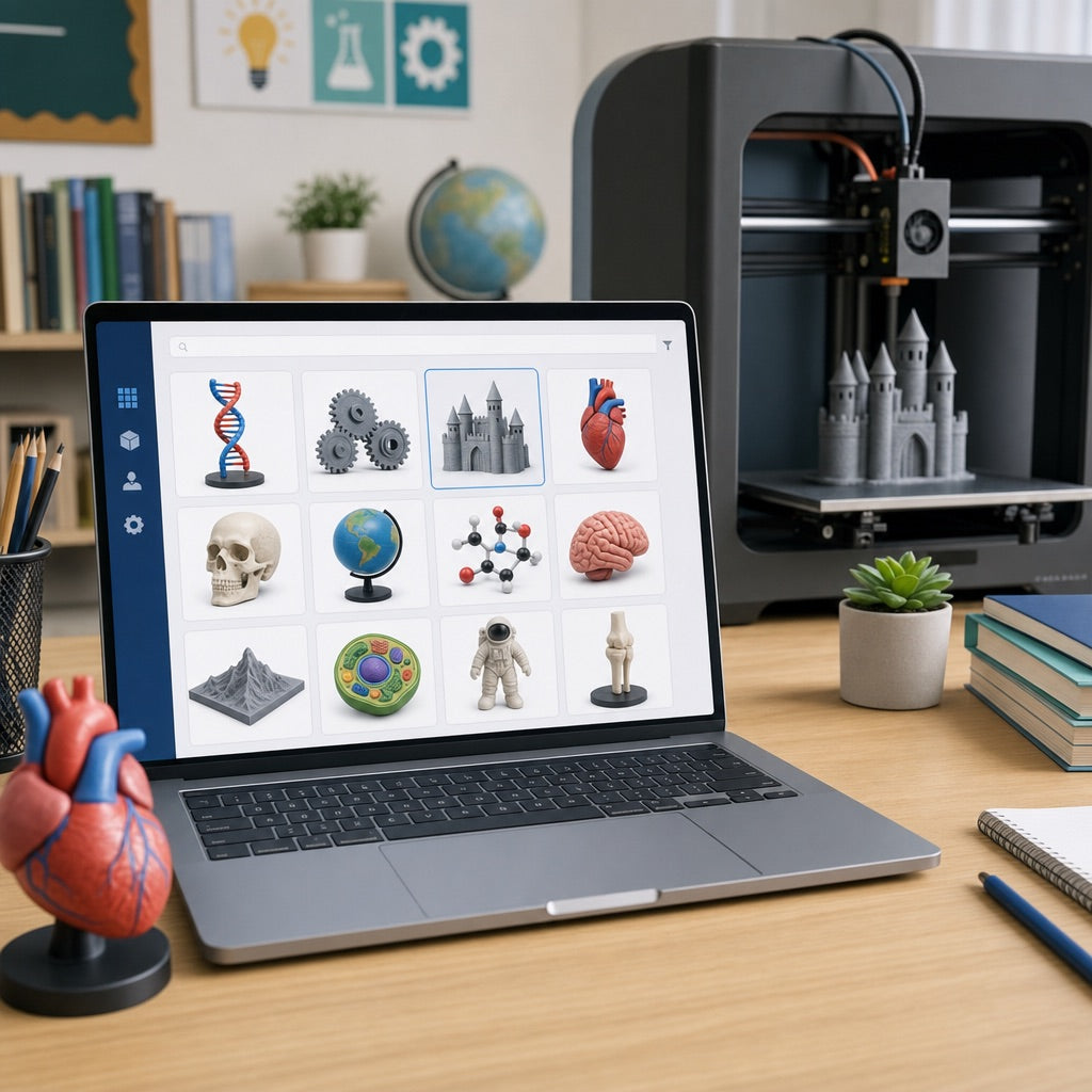 3D Data Japan から STL データを選び、教材として出力するイメージ