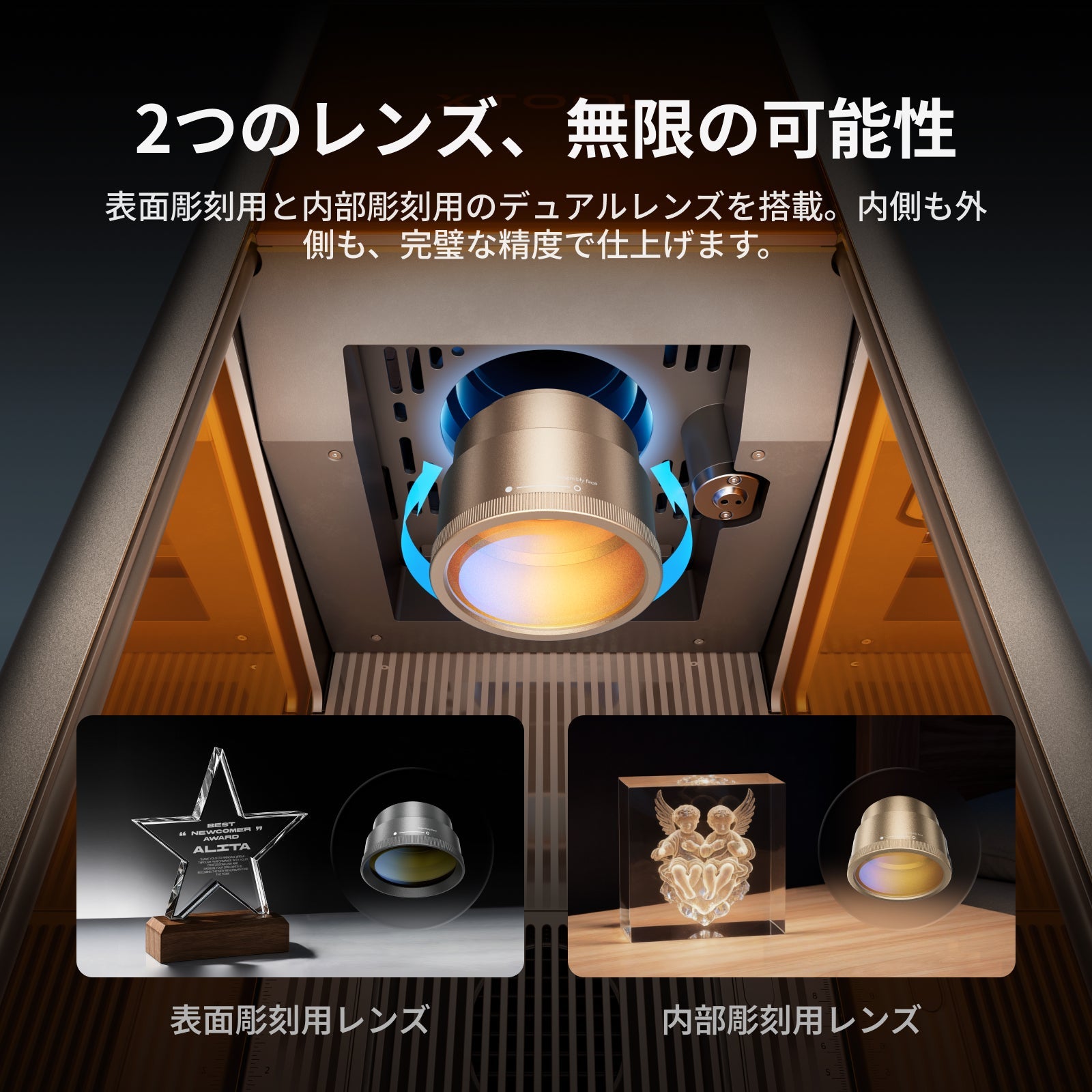 xTool F2 Ultra UV デュアルレンズ（表面彫刻用レンズと内部彫刻用レンズ）