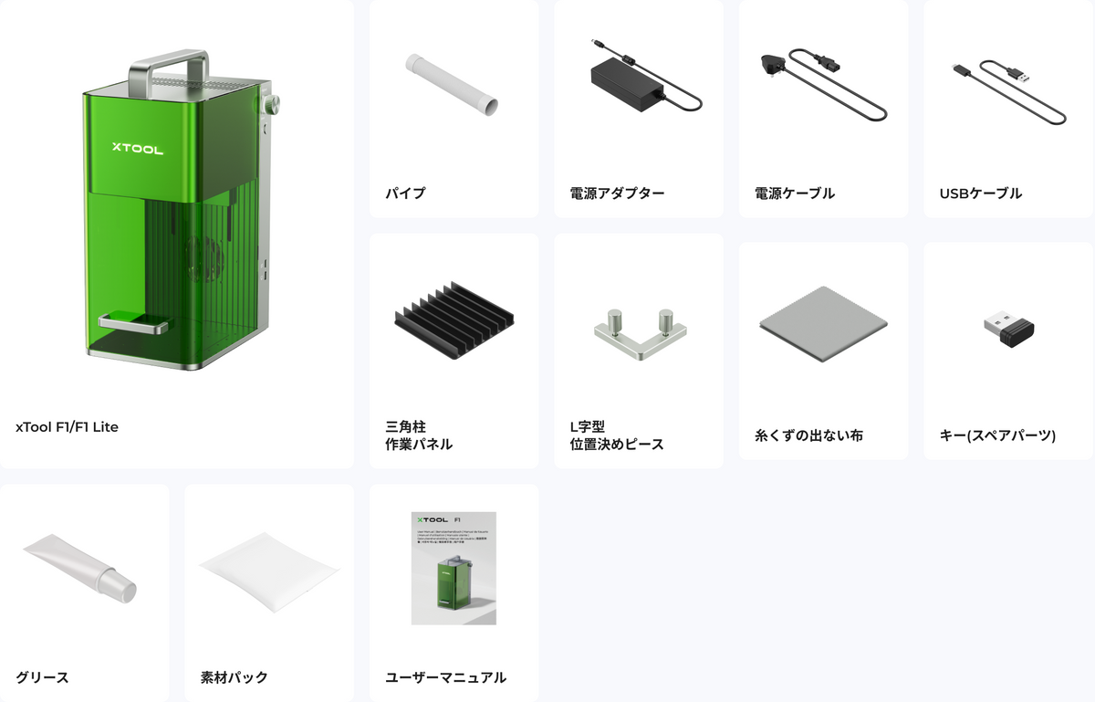 xTool F1 Lite 同梱物一覧（本体・パイプ・電源アダプター・ケーブル類・作業パネルほか）