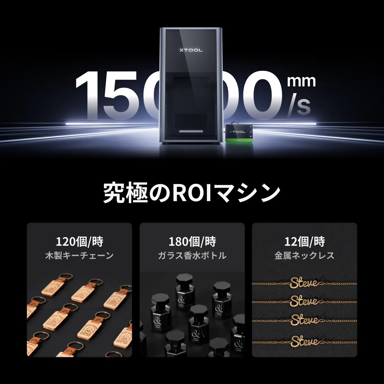 xTool F2 Ultra 15,000mm/s高速加工によるバッチ生産例（キーチェーン・香水ボトル・ネックレス）