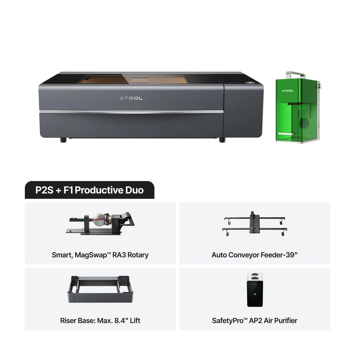 xTool P2S＋F1 生産性デュオセット 構成イメージ（黒背景）