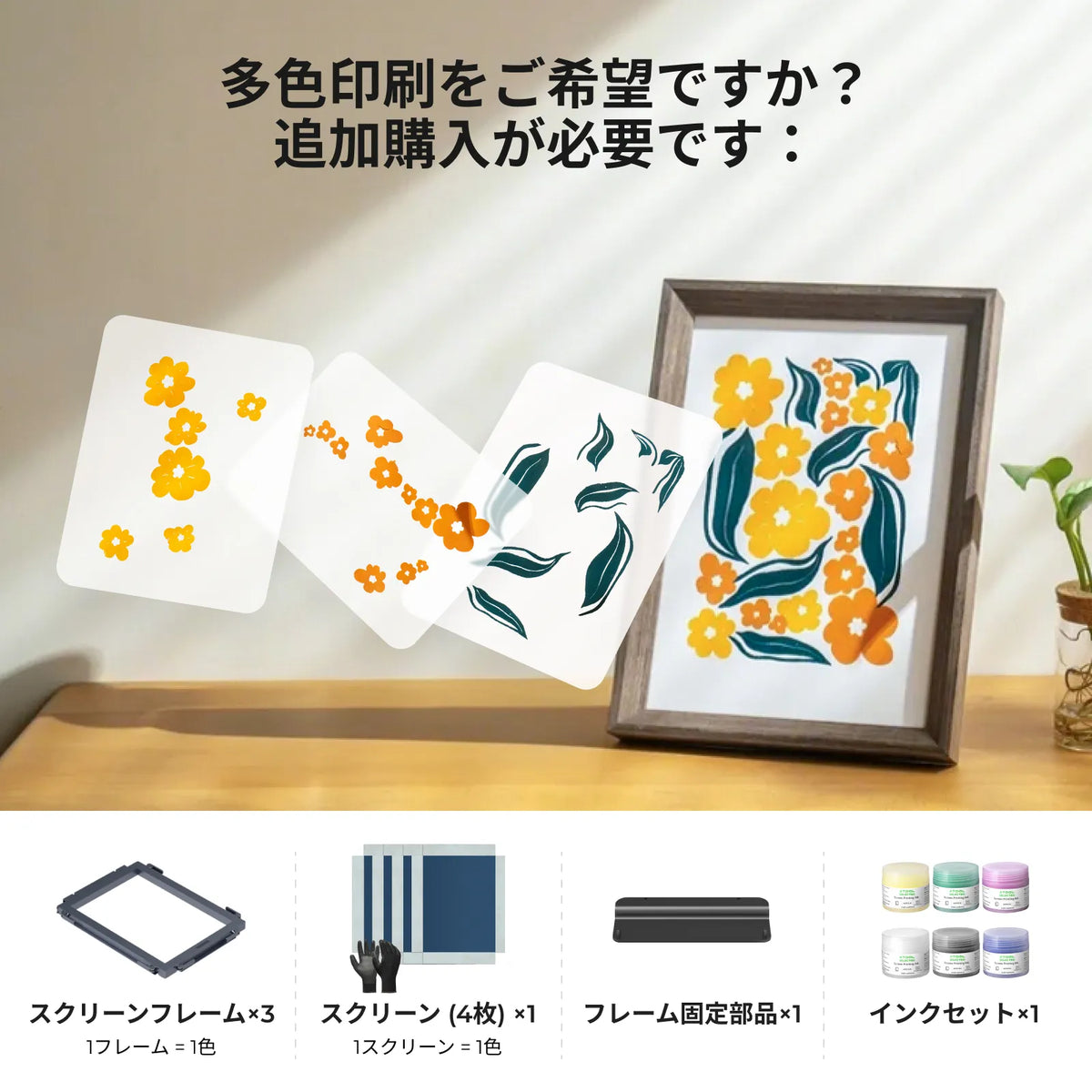 xTool スクリーン プリンター 多色印刷用追加キット（スクリーンフレーム3・スクリーン4枚・フレーム固定部品・インクセット）