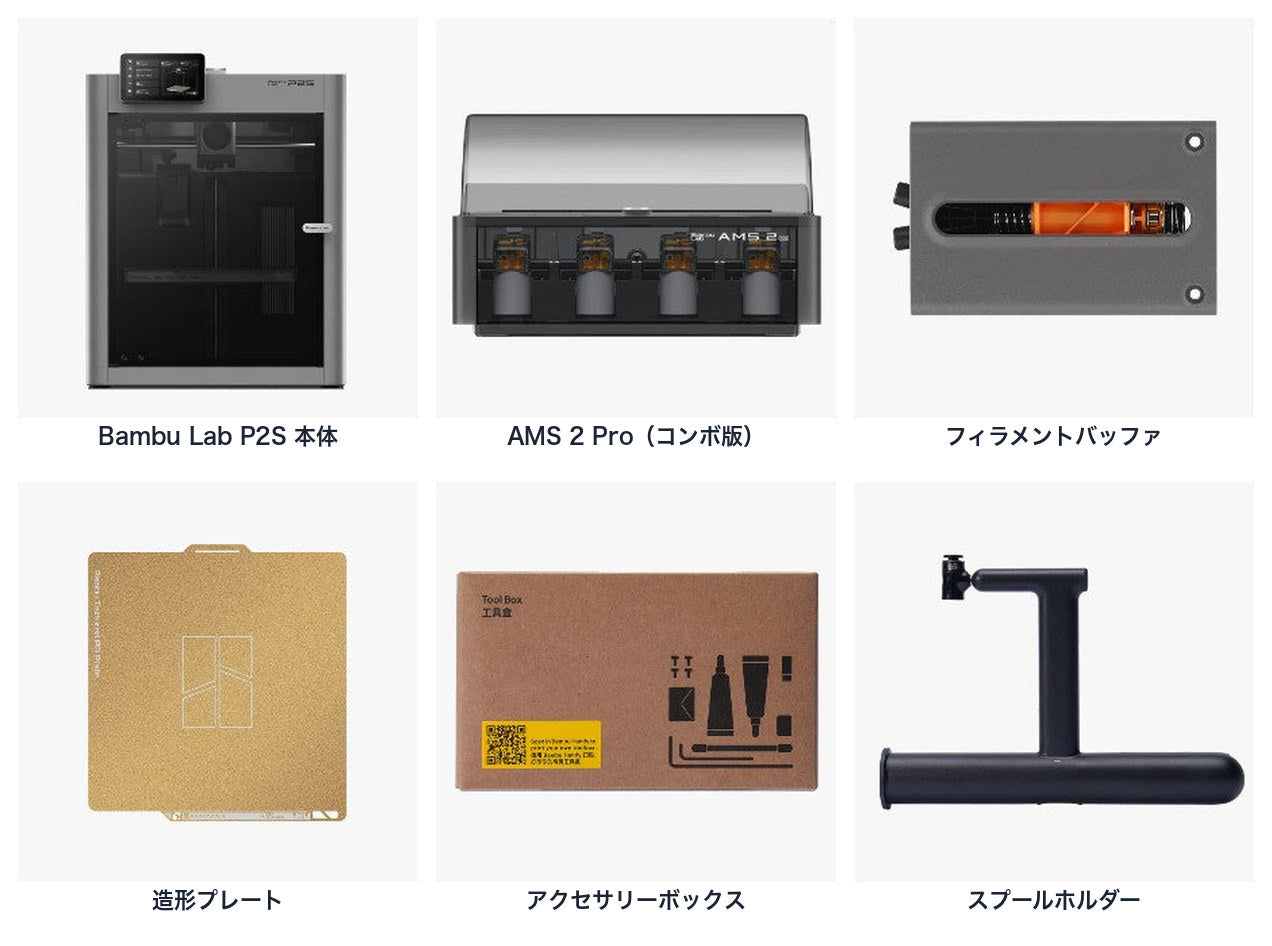 同梱物一覧: 本体・AMS 2 Pro・フィラメントバッファ・造形プレート・アクセサリーボックス・スプールホルダー