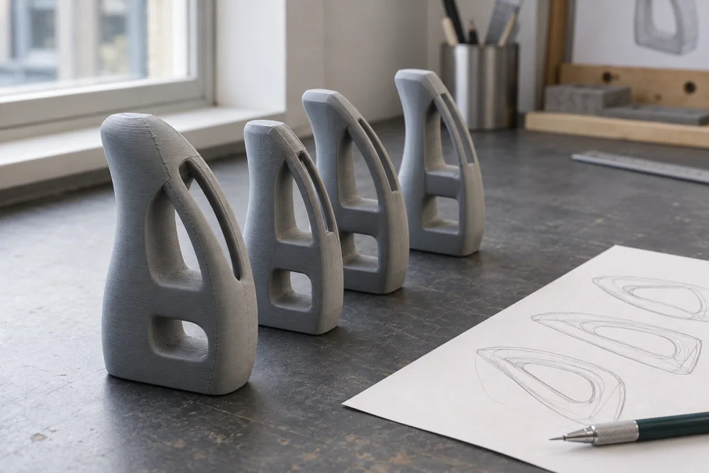 作業台に並べた形の異なる筐体試作モデルのイメージ
